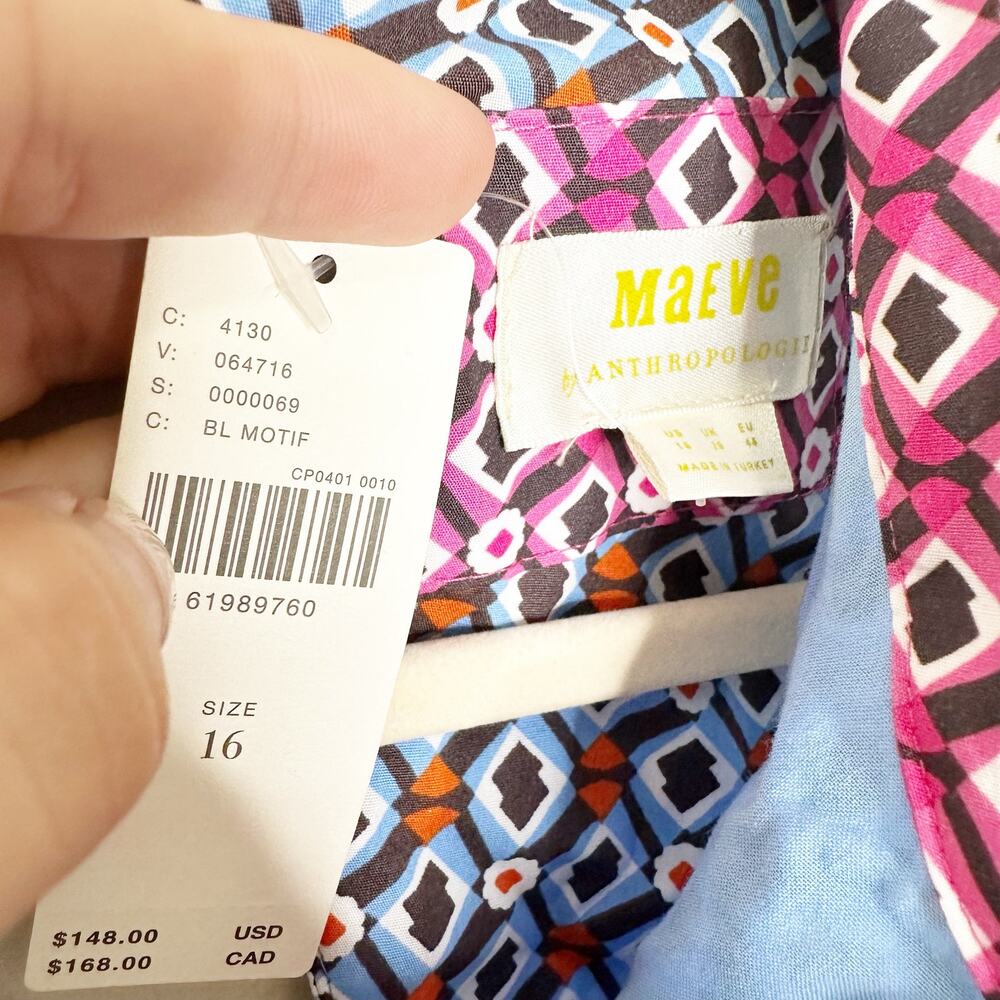 Anthropologie Maeve Womens Buckley Mini Shirt Dress Sleeveless Geometric Blue 16 - Picture 7 of 9
